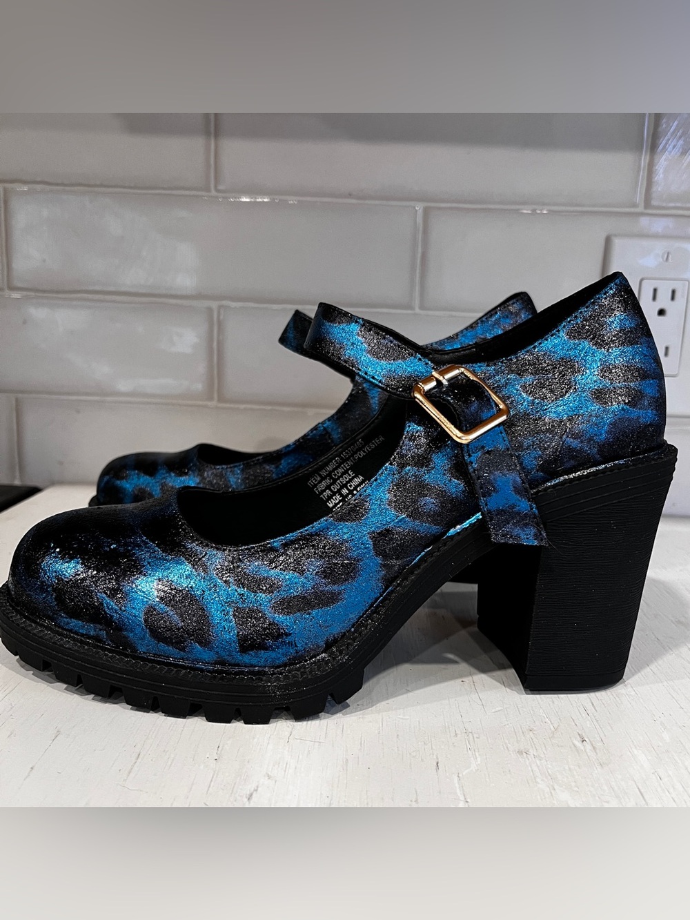 Unique Custom Foil Blue Black Leopard Torrid Mary Jane Heels size 8.5 Wide
